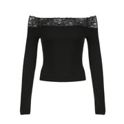 CIBBAR Black Lace Stitched Slash Neck Crop Top Elegant Sexy Skinny Long Sleeve T Shirts for Women Harajuku Y2k Spring Tees Basic