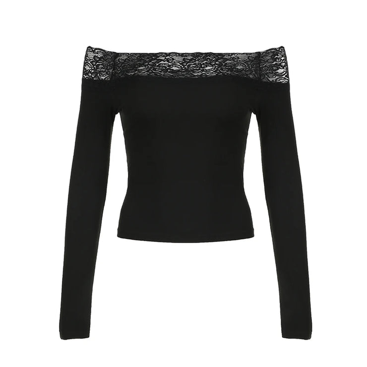 CIBBAR Black Lace Stitched Slash Neck Crop Top Elegant Sexy Skinny Long Sleeve T Shirts for Women Harajuku Y2k Spring Tees Basic