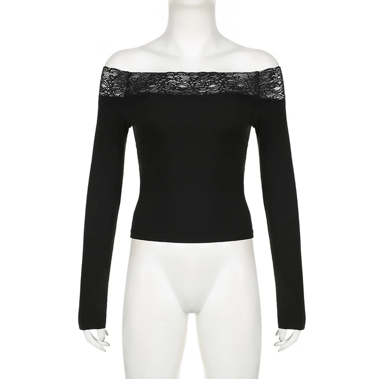 CIBBAR Black Lace Stitched Slash Neck Crop Top Elegant Sexy Skinny Long Sleeve T Shirts for Women Harajuku Y2k Spring Tees Basic