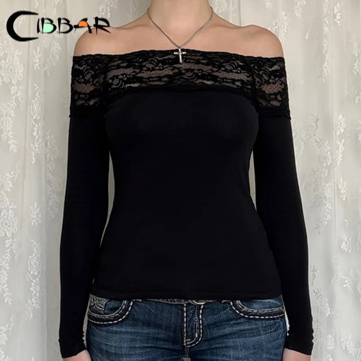 CIBBAR Black Lace Stitched Slash Neck Crop Top Elegant Sexy Skinny Long Sleeve T Shirts for Women Harajuku Y2k Spring Tees Basic