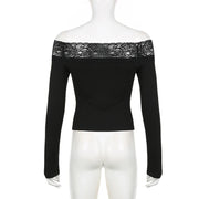 CIBBAR Black Lace Stitched Slash Neck Crop Top Elegant Sexy Skinny Long Sleeve T Shirts for Women Harajuku Y2k Spring Tees Basic