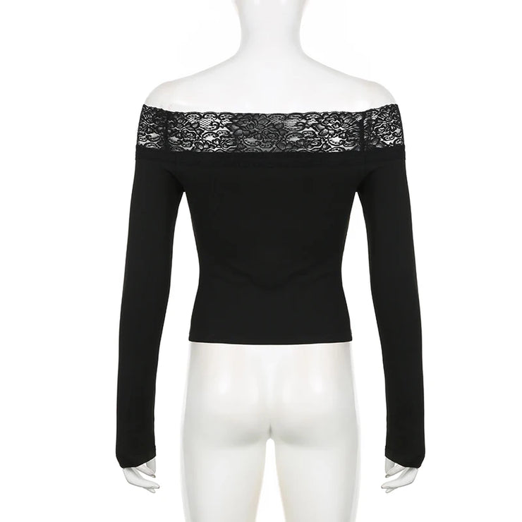 CIBBAR Black Lace Stitched Slash Neck Crop Top Elegant Sexy Skinny Long Sleeve T Shirts for Women Harajuku Y2k Spring Tees Basic