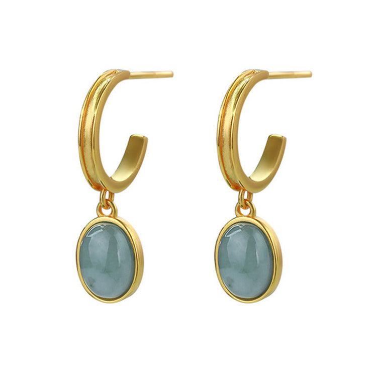925 Silver Natural A Cargo Blue Water Jade Egg Surface Earrings